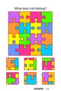 Visual puzzle with picture fragments. Abstract jigsaw puzzle design pattern. What does not belong?